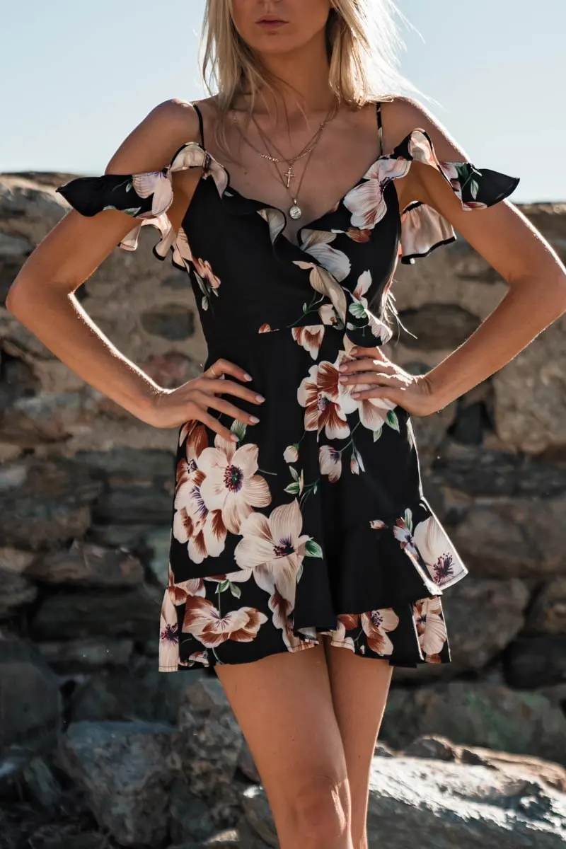 2018 женское платье с цветочным рисунком Boho шифоновое летнее праздничное пляжное Короткое мини-платье с открытыми плечами Сексуальное