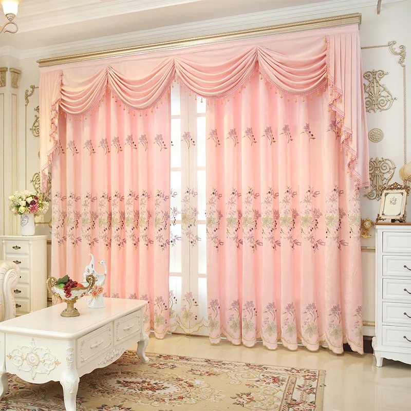 Pastoral chenille embroidered floral pink window curtains sheer for