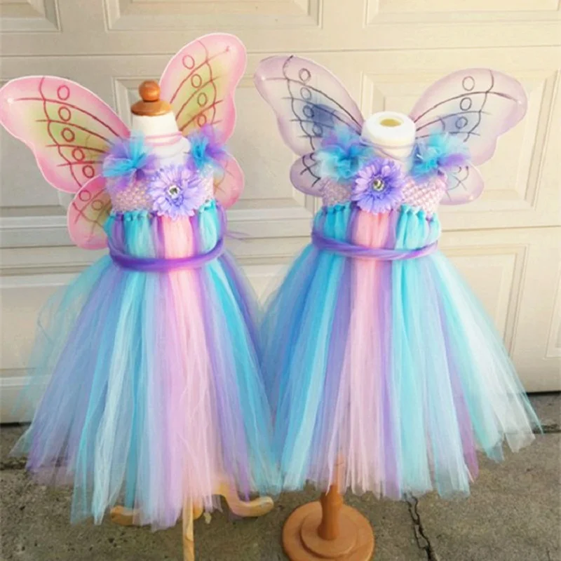 Girls Rainbow Fairy Tutu Dress with Wings Princess Flower Girl Party