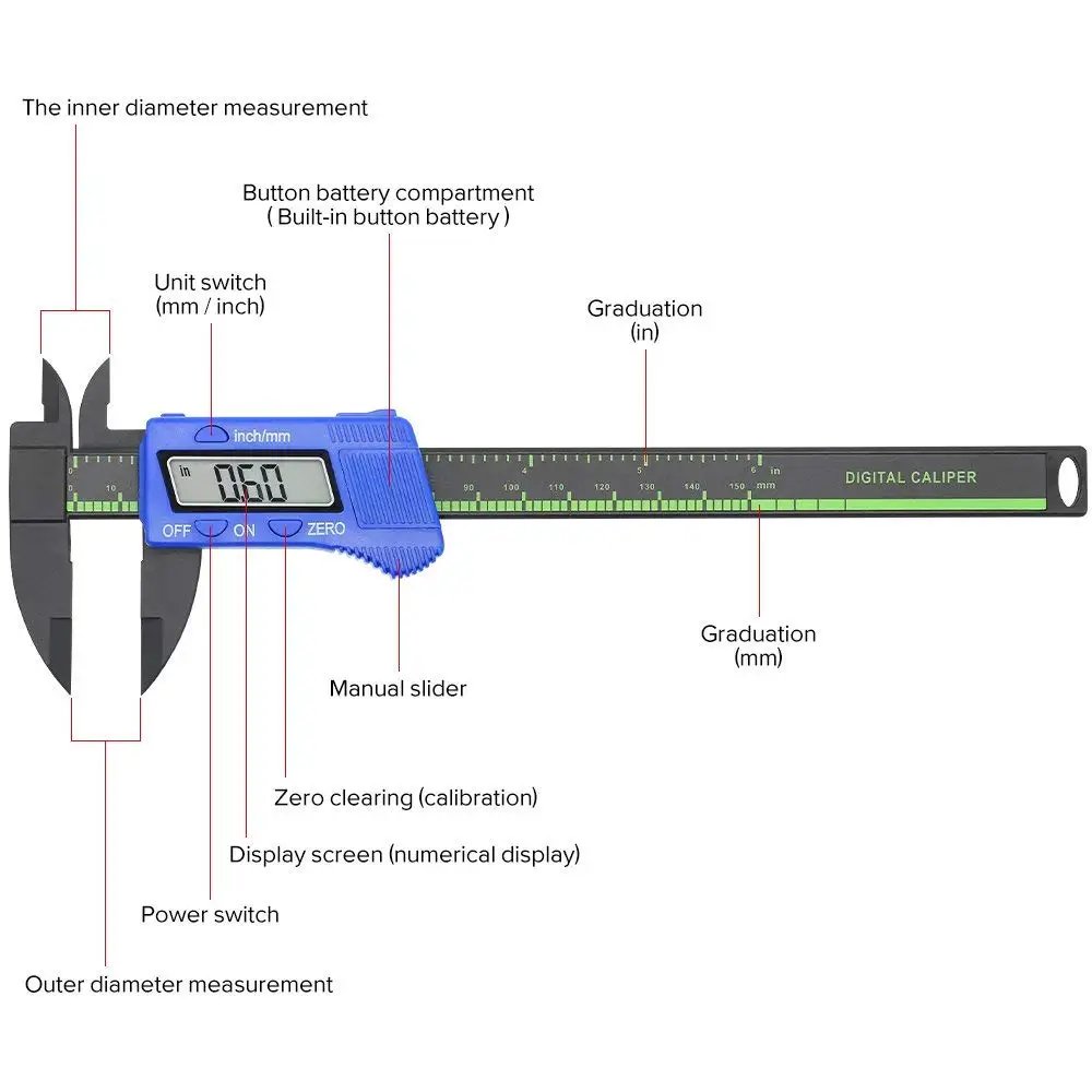 Новое поступление 150 мм 6 дюймов ЖК цифровой Электронный штангенциркуль из углеродного волокна Калибр микрометр измерительный инструмент