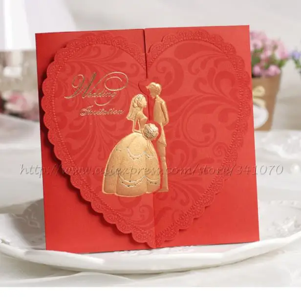 1set Sample Bride Groom With Heart Shaped Wedding Invitations With