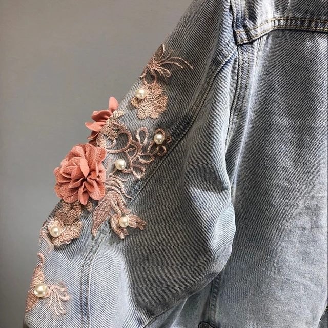 autumn women embroidered three-dimensional flower short wash long-sleeved denim jacket light blue female jeans jacket 1833