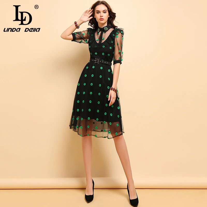 

LD LINDA DELLA Fashion Summer Dress Women's Half Sleeve Mesh Dot Embroidery Beading Sashes Elegant Casual Party Midi Dresses
