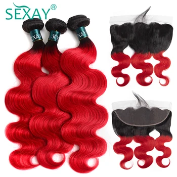 SEXAY 1B/RED Ombre Bundles With Frontal Closures Brazilian Human Hair Body Wave Non Remy Hair Extensions 3 Bundles With Closures SEXAY 1B/RED Ombre Bundles With Frontal Closures Brazilian Human Hair Body Wave Non Remy Hair Extensions 3 Bundles With Closures