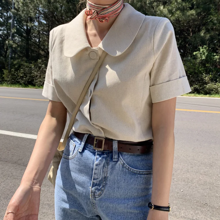 

Ladies Tops Cotton Short Sleeve Peter Pan Collar Single Breasted Female Summer Top Kawaii Casual Women's Blouse Vestiti Donna