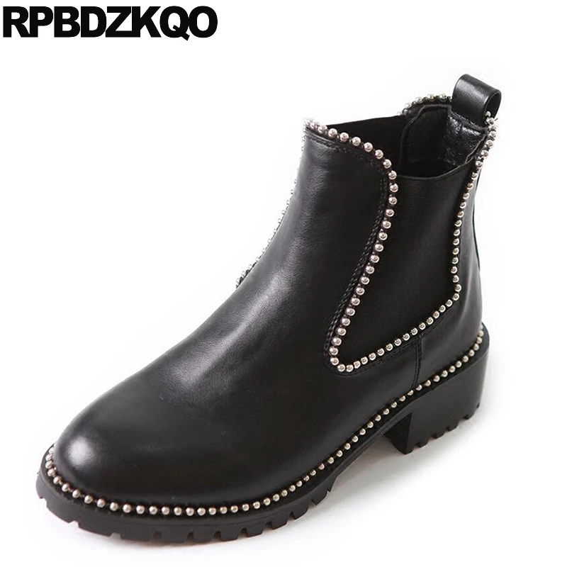 

Black Round Toe Ankle Booties Chelsea Flat Stud Slip On Women Boots 2016 Waterproof Rivet Shoes British Chinese Female Short