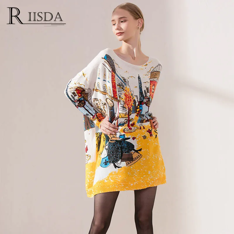 

RIISDA Autumn Ladies Pullovers Sweaters Fashion Women's Clothing Long Sweaters Slash Neck Batwing Sleeve Loose Knitted Sweater