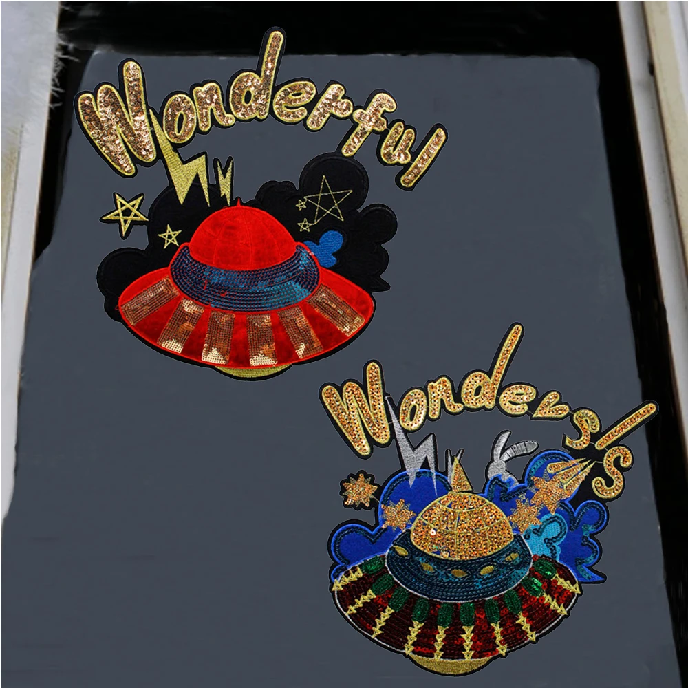

2pc Wonderful Letter Embroidery Rabbit Sequin Planet Space Patch for Clothes Sew on Applique for Bag DIY Accessories TH1095A