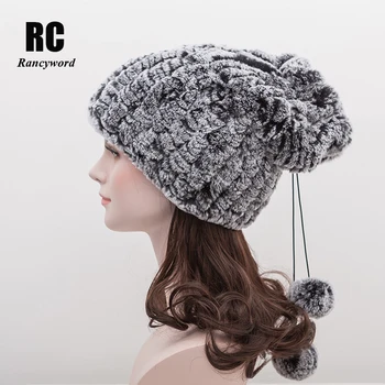 

[Rancyword] Knitted Real Rex Rabbit Fur Beanie Hats For Women Natural Fur Hat Neck Scarf Genuine Fur Warmer Head Skullies RC1271