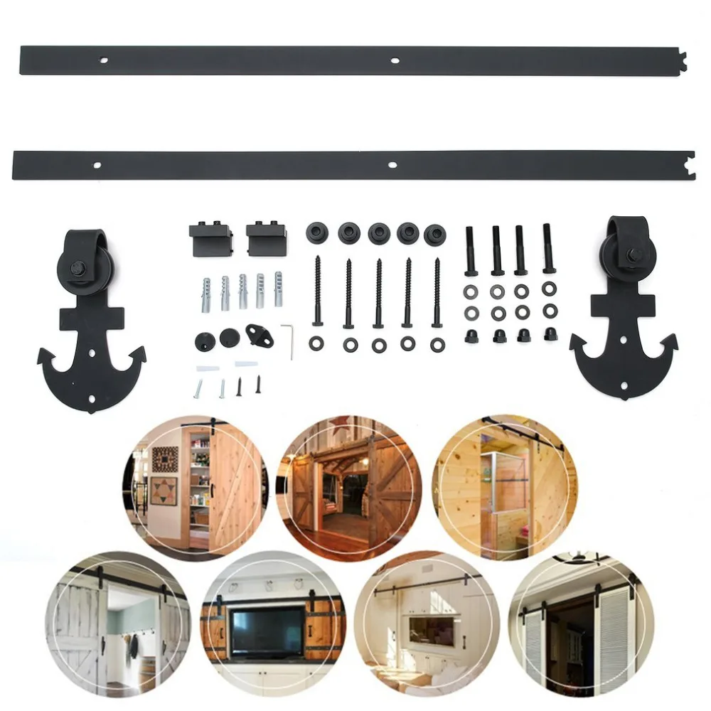 

Newest 6-foot Durable Bend Anchor Door Rail Heavy Hardware Set Stainless/Carbo Steel Sliding Barn Wood Door Kit Track System