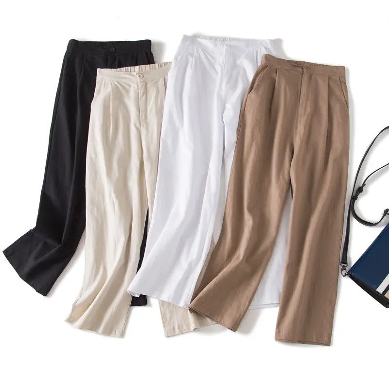 Белые хлопковые льняные штаны для женщин, Свободные повседневные штаны с высокой талией, широкие штаны, одноцветные штаны размера плюс, женские штаны 3XL Q1656