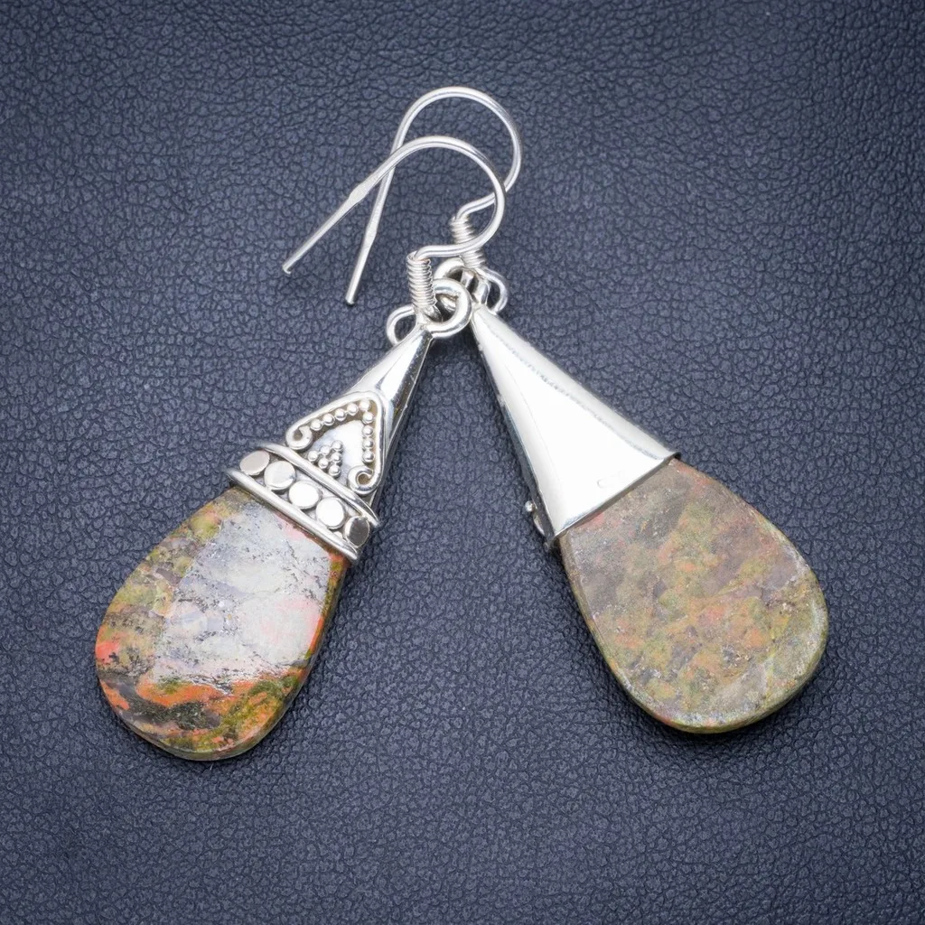 

Natural Unakite Handmade Unique 925 Sterling Silver Earrings 2" A0664
