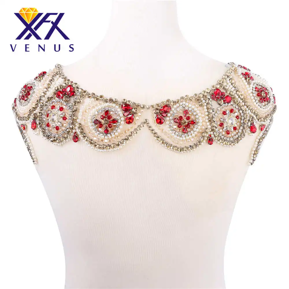 

1 pc handmade ruby beaded pearls crystal patches mesh rhinestone applique neckline motif stunning for evening gown bridal dress