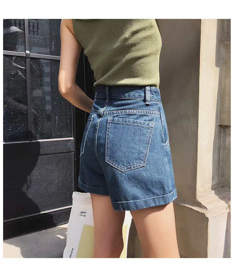 Женские джинсовые шорты с высокой талией и широкими штанинами для студенток, для отдыха, подходят ко всему, женские свободные шорты с карманами на пуговицах, шикарные Летние повседневные шорты в стиле ретро для девушек