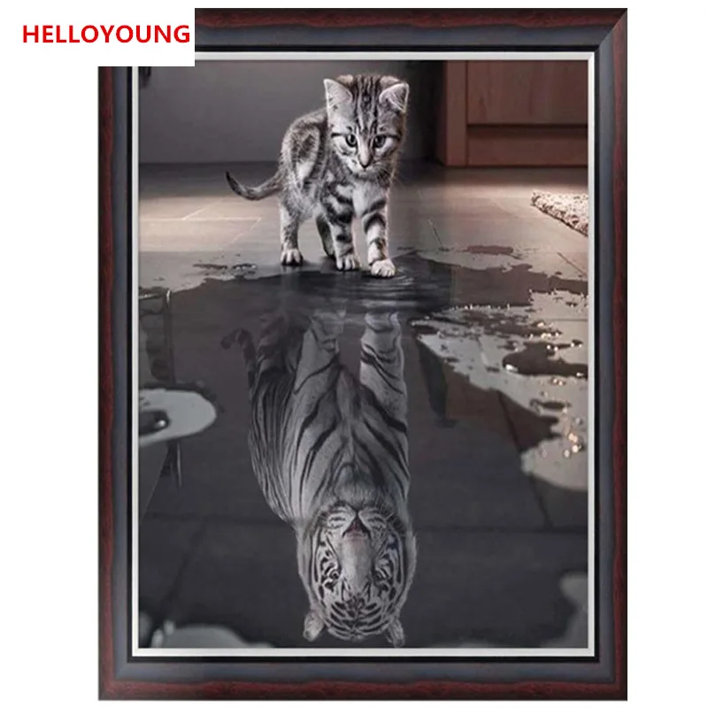 

DIY 5D Partial Diamond Embroider Cat's Reflection Diamond Painting Cross Stitch Kits Diamond Mosaic Home Decoration