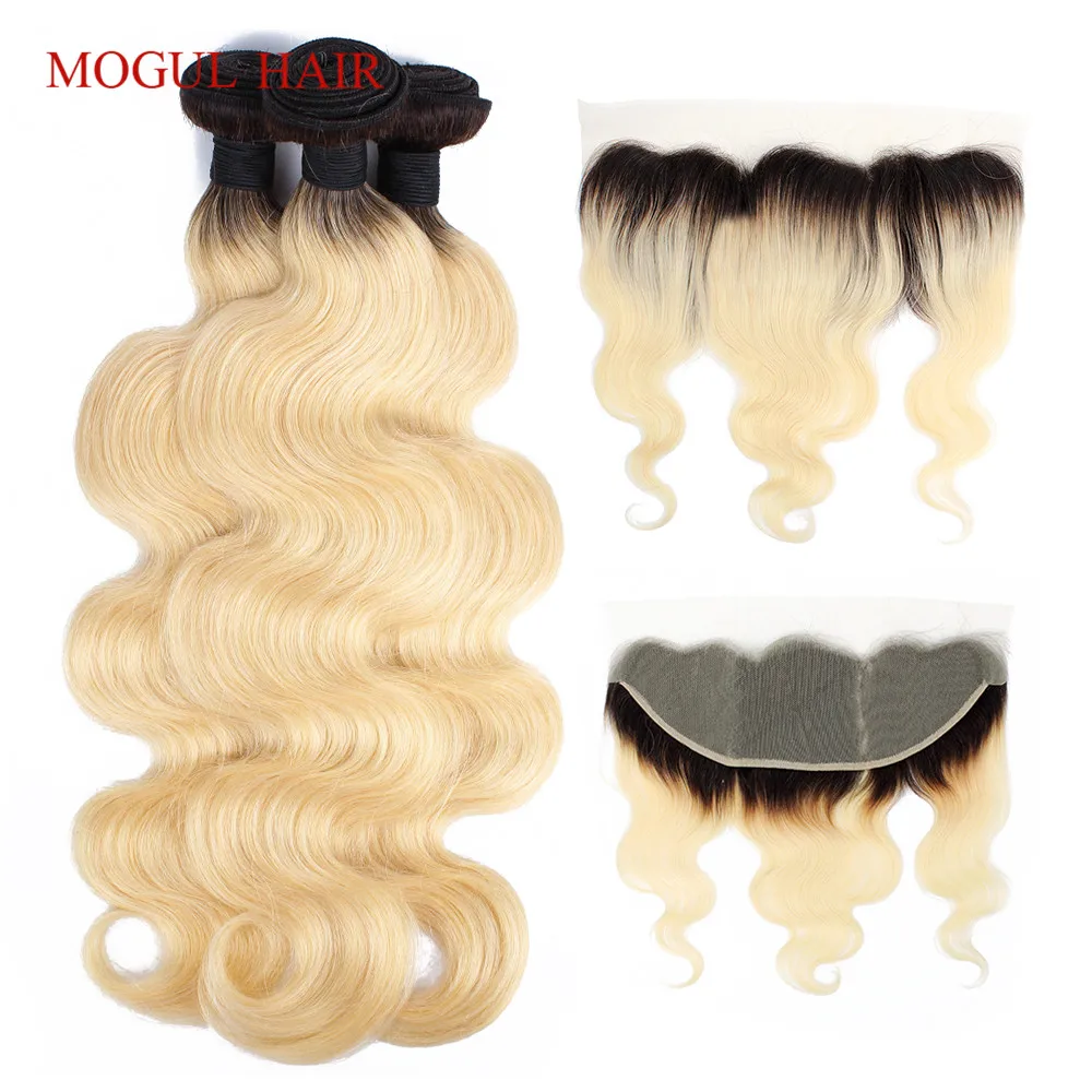 

MOGUL HAIR 1B 613 Dark Root Platinum Blonde Bundles with Frontal Body Wave 2/3 Bundles with Frontal Indian Remy Human Hair Weave