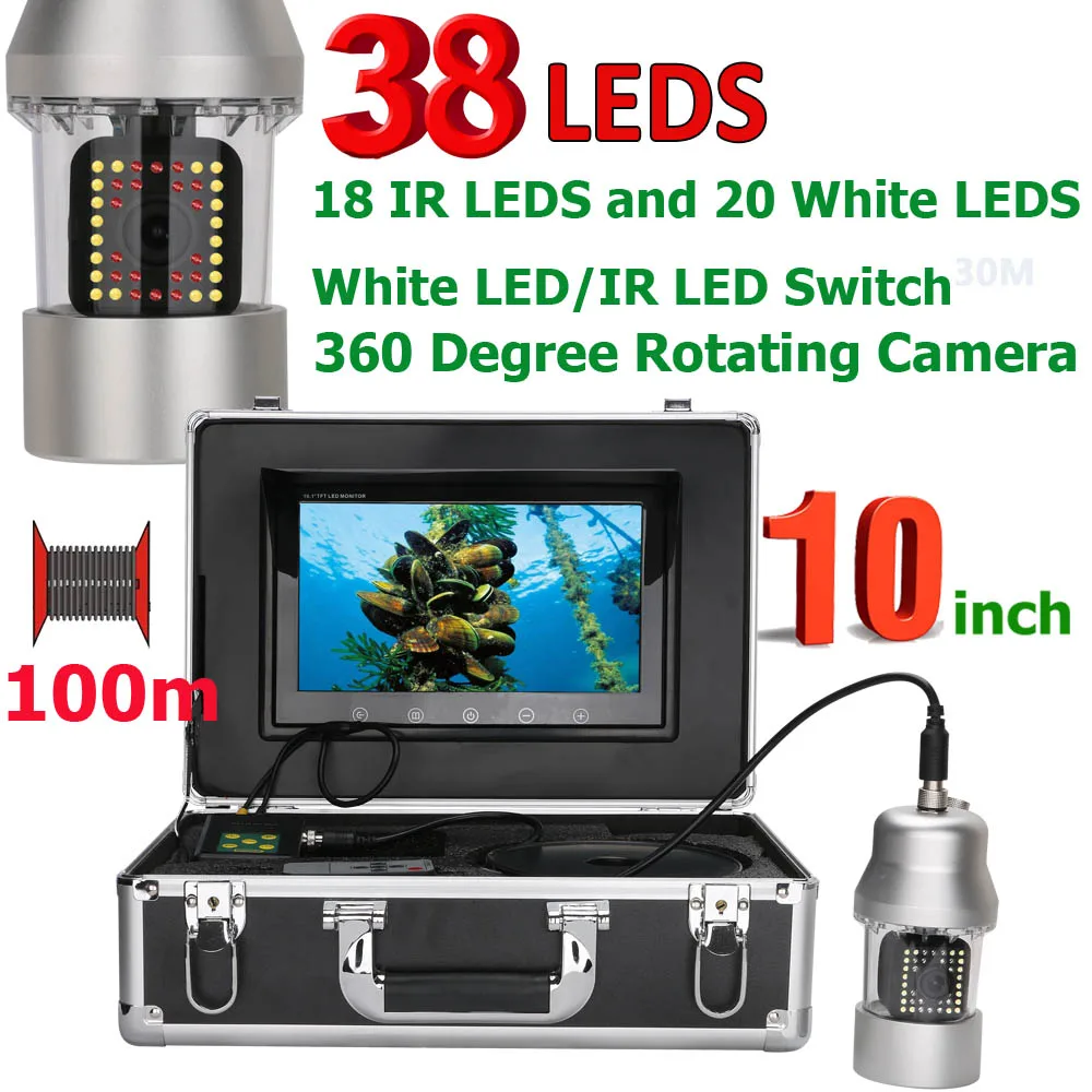 MAOTEWANG 10 Inch 50m 100m Underwater Fishing Video Camera Fish Finder IP68 Waterproof 38 LEDs 360 Degree Rotating Camera