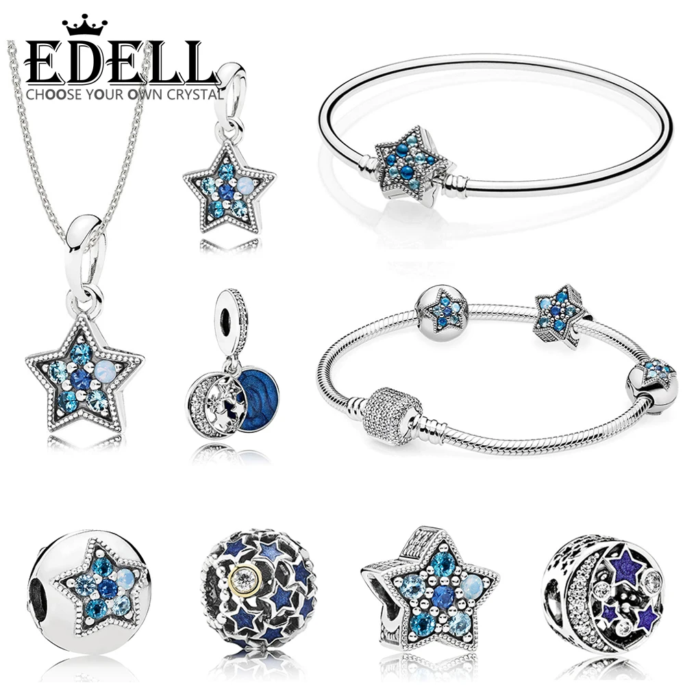 

EDELL 100% 925 Sterling Silver 1:1 Vintage Night Sky Bright Star Pendant Beaded HANGING CHARM CLIP Necklace Bangle Bangle Set