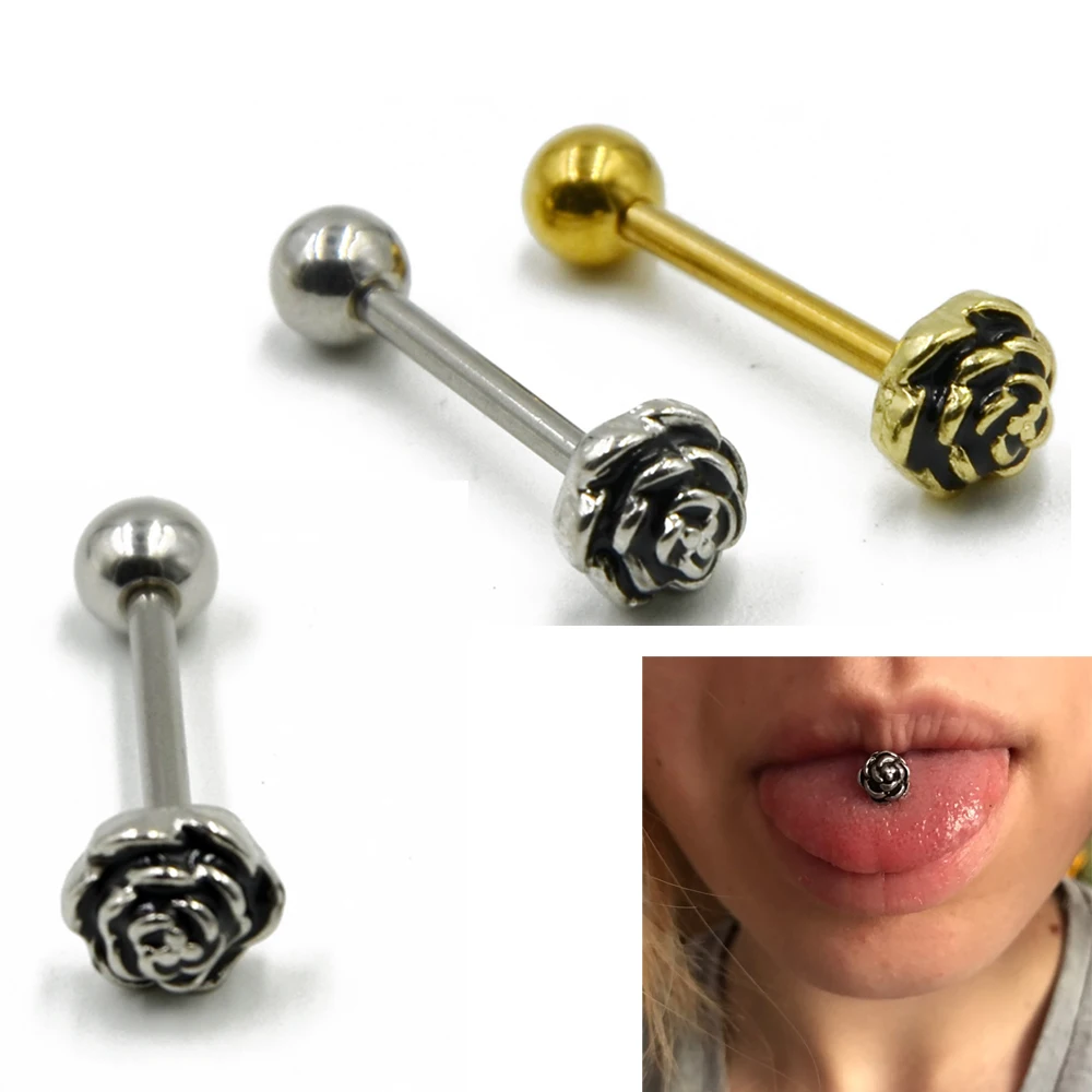 1pcs Steel&gold Rose Flower Tongue Barbell Rings Stianless Steel