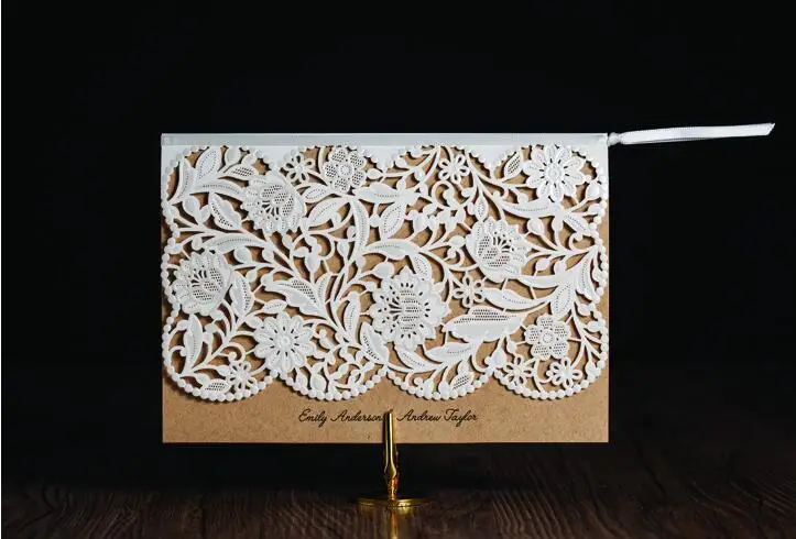 Laser Cut White Lace flower Brown Color Wedding Invitation Card