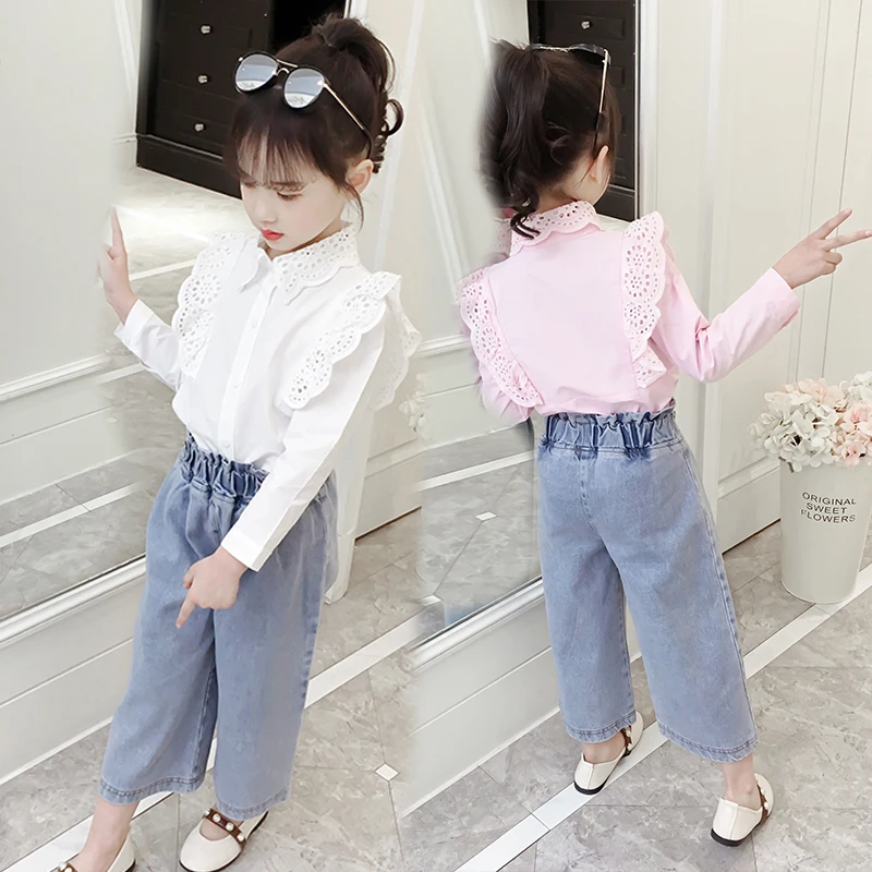 

Baby Girls Clothes Sets Spring & Autumn Long Sleeve Lace Ruffles Shirts + Denim Pants 2PC Suits Kids Clothes Casual Girls Outfit