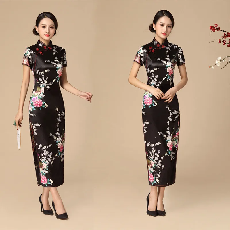 Floral&Peacock Women Traditional Chinese Dress Vintage Mandarin Collar Qipao Oversize Long Slim Cheongsam 3XL 4XL 5XL 6XL