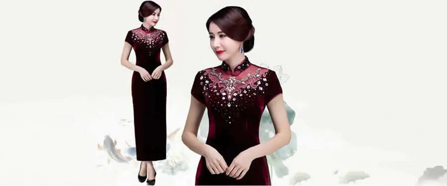 Новый бархат вышивка Cheongsam современный Китай тонкий темно зеленый длинное платье китайское традиционное Qipao Восточный стиль халат