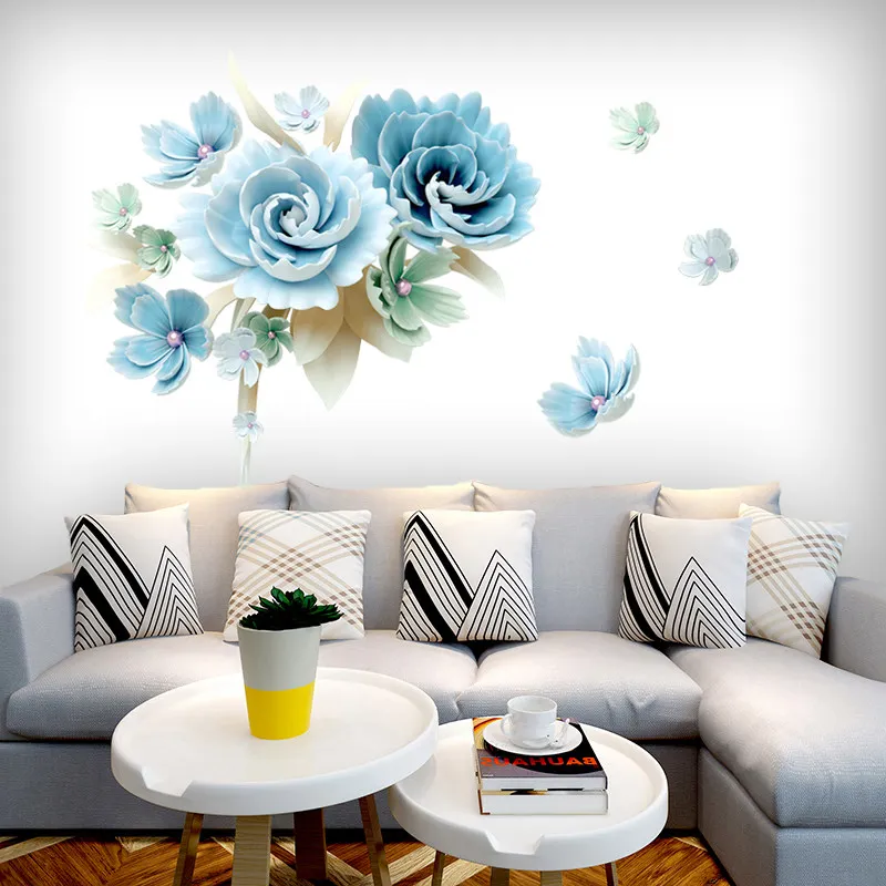 Large 3D DIY Blue Flower Wall Sticker Modern Stickers Wall Decoration for Living Room Removable Mural Wallpaper Art Home Decals