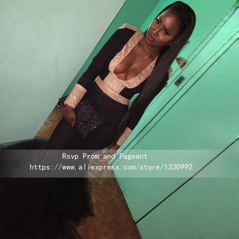 Wholesale New Arrival Black Girl Deep V neck Long Sleeve Prom Dresses Sequined Tulle Black Long Custom Made Mermaid African Prom Dress Buy Cheap New Arrival Black Girl Deep V neck Long Sleeve Prom Dresses Sequined Tulle Black Long Custom Made Mermaid African Prom Dress