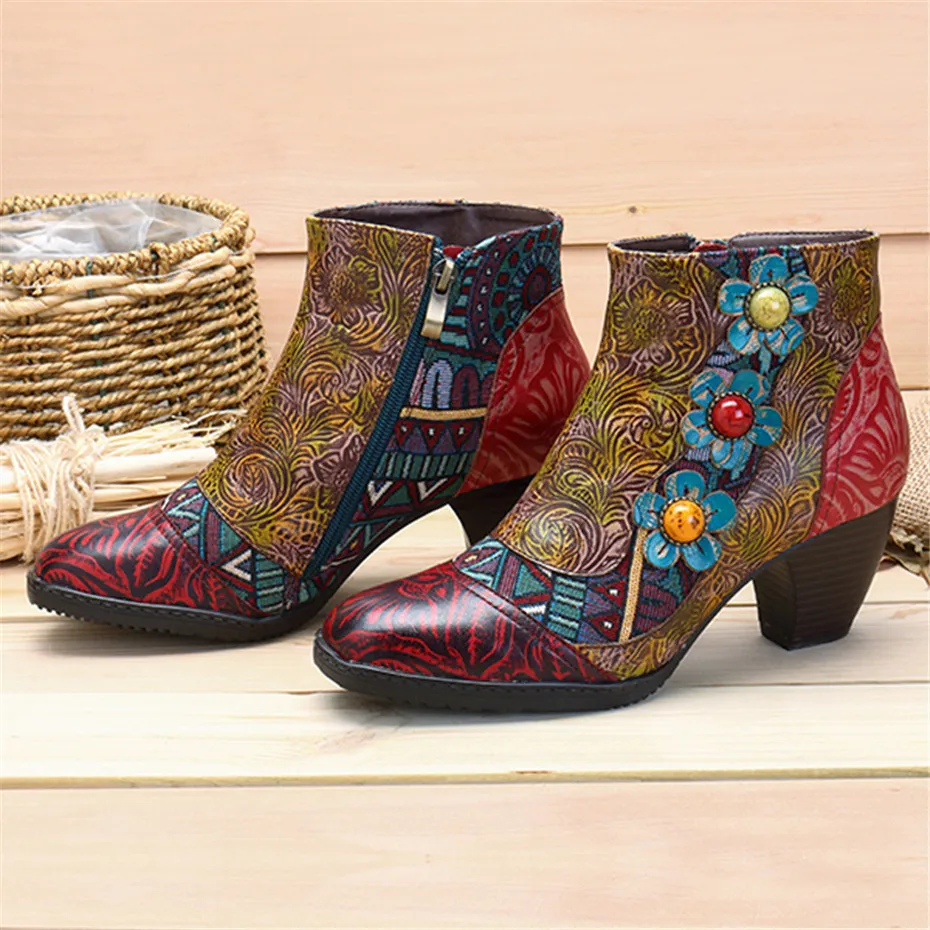 Genuine Leather Printed Ankle Boots Women Shoes Bohemian Splicing Zip Handmade Spring Autumn Retro Block Med Heels Women Boots (1)
