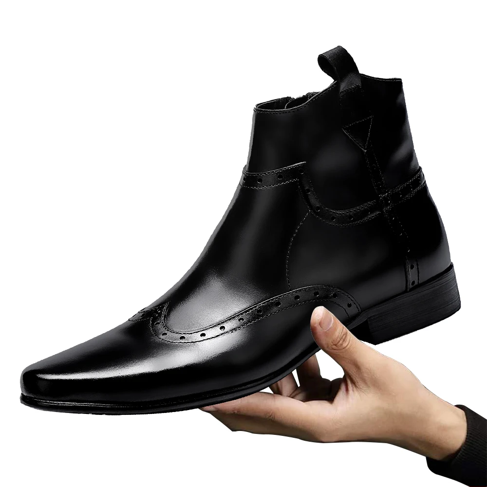 

Farvarwo Men's Genuine Leather Pointed Toe Chelsea Boots Men Fashion Slip On Martin Ankle Boot Carved Formal Brogues Dress Shoes