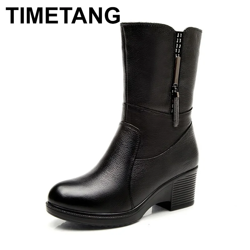

TIMETANG Genuine Leather Wedge High Heel Women Snow Boots Mid Calf Winter Plush Warm Boots Women Waterproof Boots Shoes