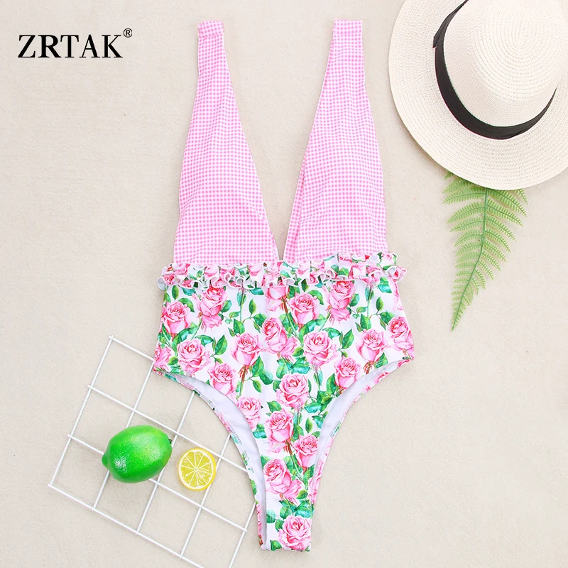 

Zrtak Deep V Swimsuit Women'S Beach Fashion 2019 Newest Print Swimwear Women Suit Bath Floral Monokini Swimming One-Piece Suit