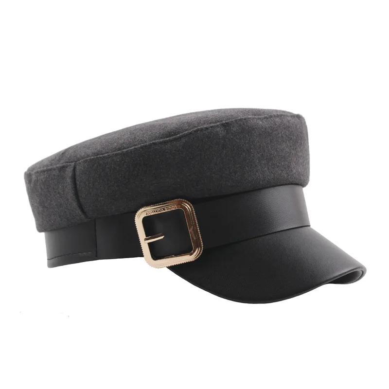 Новинка, Женский Черный Военный колпак, модная шапка с плоским верхом, Женская осенне-зимняя теплая утолщенная шапка из искусственной кожи