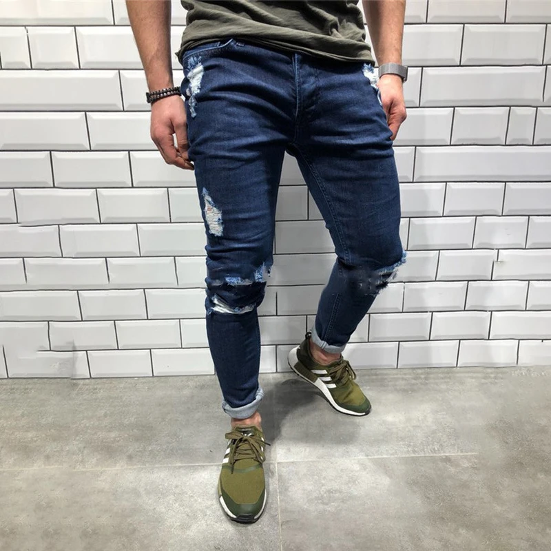 Дизайнерские облегающие рваные джинсы мужские потертые джинсы с дырками на коленях потертые джинсы