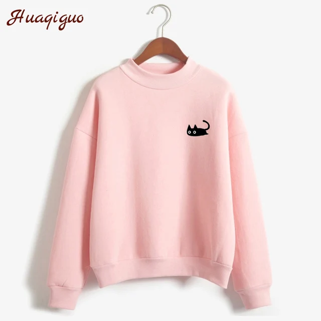 US $8.53 Kpop Autumn Casual Harajuku Kawaii Black Cat Sweatshirts Women Long Sleeve Turtleneck Tops Pullover