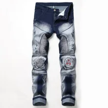 Pantalones vaqueros de hombre a la moda Vintage Casual agujero parche Jeans rectos personalidad elástica motocicleta pantalones vaqueros hombre