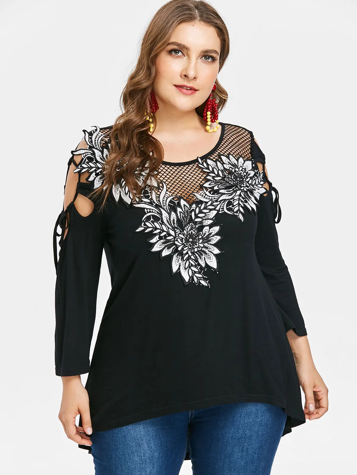 

T-Shirt Women Summer Plus Size modis Appliqued O Neck Cold Shoulder Lace Long T Shirt Ladies Tops Tees 5XL long Tshirt Clothing