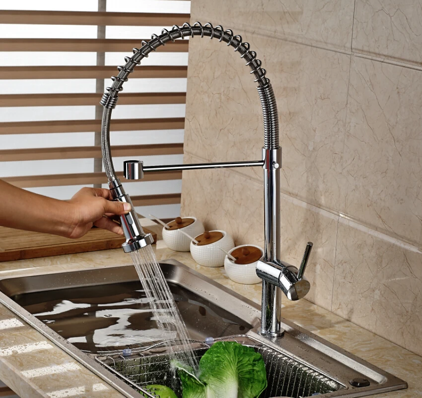 

Luxury Dual Sprayer Nozzle Spring Kitchen Sink Mixer Faucet Deck Mount Chrome Finished