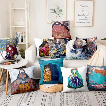 

Nordic Watercolor Girl Illustration Pillowcase Art Figure Thin Linen Cushion Decorative Pillows Home Decor Sofa Throw Pillow