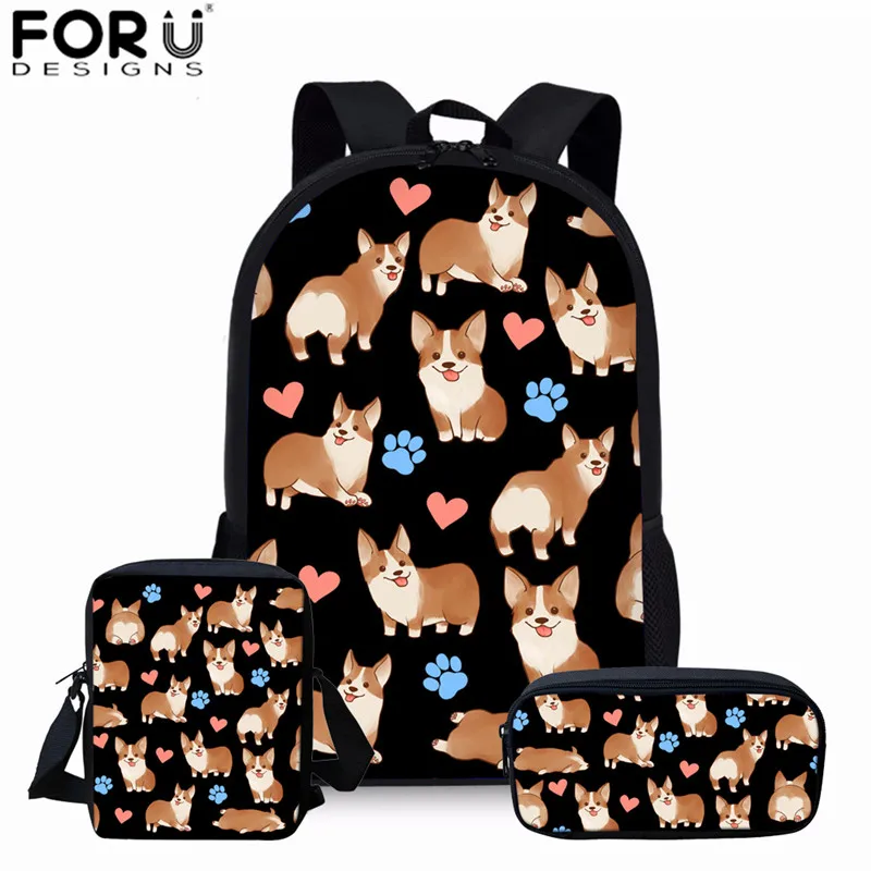 

FORUDESIGNS Cute Animal Dog Corgi Pattern Schoolbag Backpack Set for Teenager Girls Boys School Bags Kids Children Book Bag