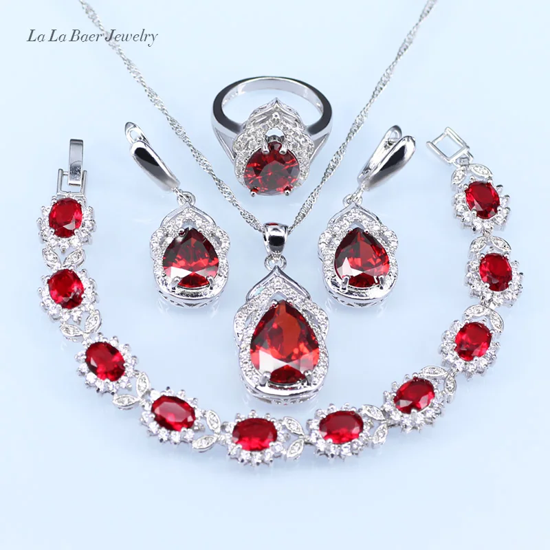 L&ampB Red created Garnet White Zircon Silver Color Jewelry Sets For Women Necklace/Bracelet/Pendant/Earrings/Ring | Украшения и