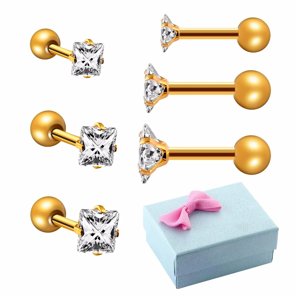 

3Pairs/Box Tiny Square CZ Zirconia Stud Earrings Screw Gold Ball Female Anti-Allergy Earrings Cute Piercing Ear Studs Jewelry