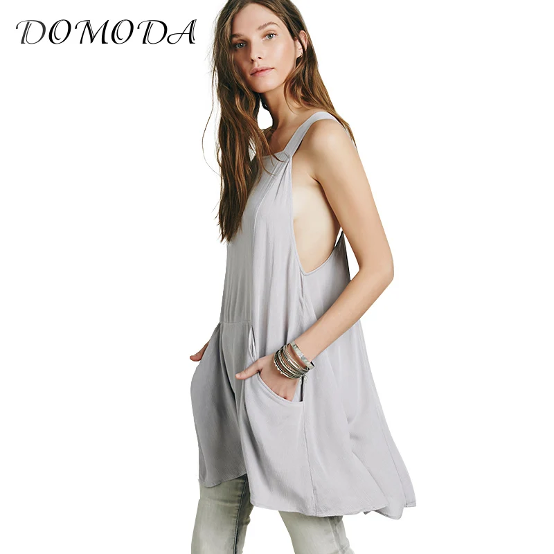 DOMODA 2017 Apparel Gray Sexy Backless Dress Vestidos Women Clothing Elegant Pockets Female Dress Summer Casual A-Line Dress