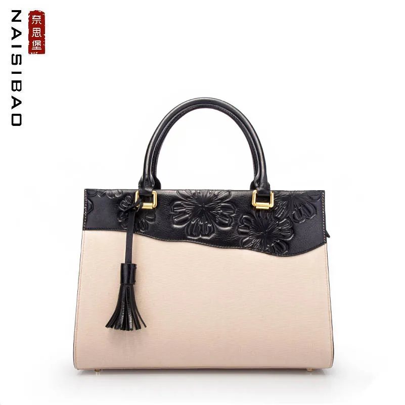 

NAISIBAO high quality fashion canvas bag 2018 new shoulder bag shoulder cotton linen with leather Chinese style embossed vintage
