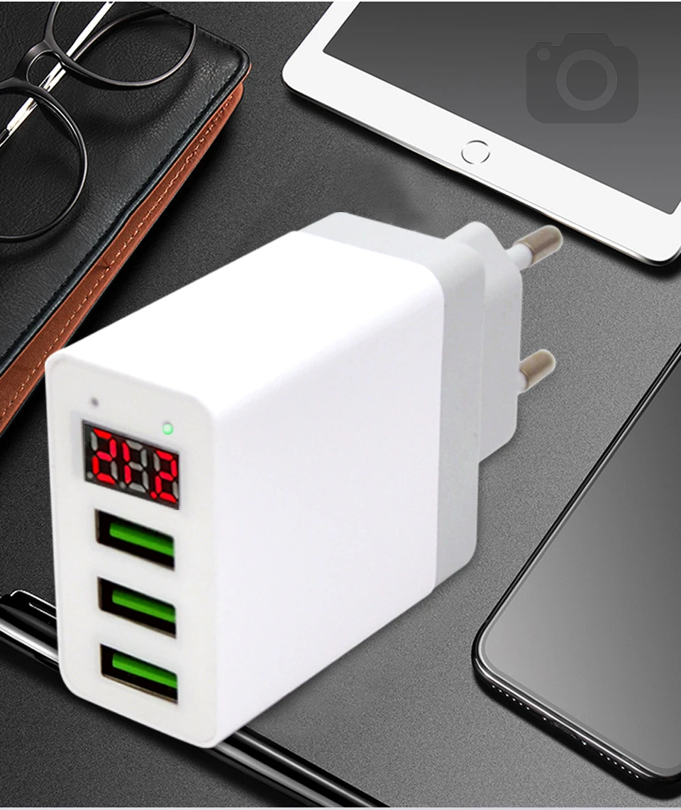 Wall Charger EU Adapter LED Display 3 USB Charger Universal Mobile Phone USB Charger Fast Charging For iPhone Samsung Xiaomi (12)