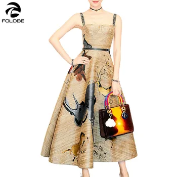 

FOLOBE Fashion Designer 2020 Summer Vintage Graffiti Printing Spaghetti Strap Big Swing Long Party Dress Vestido Runway Dress