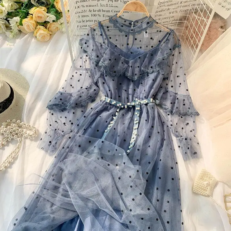 Кружевное платье с поясом и пышными рукавами, летнее женское прозрачное весеннее богемное шифоновое платье, сарафан, элегантное вечернее платье в Корейском стиле z0654
