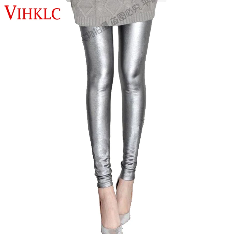 

2016 Thicken Winter Pu Leather Pants Women High Waist Pencil Skinny Silver Leggings Female Pants Capris Plus Size S-3XL D179