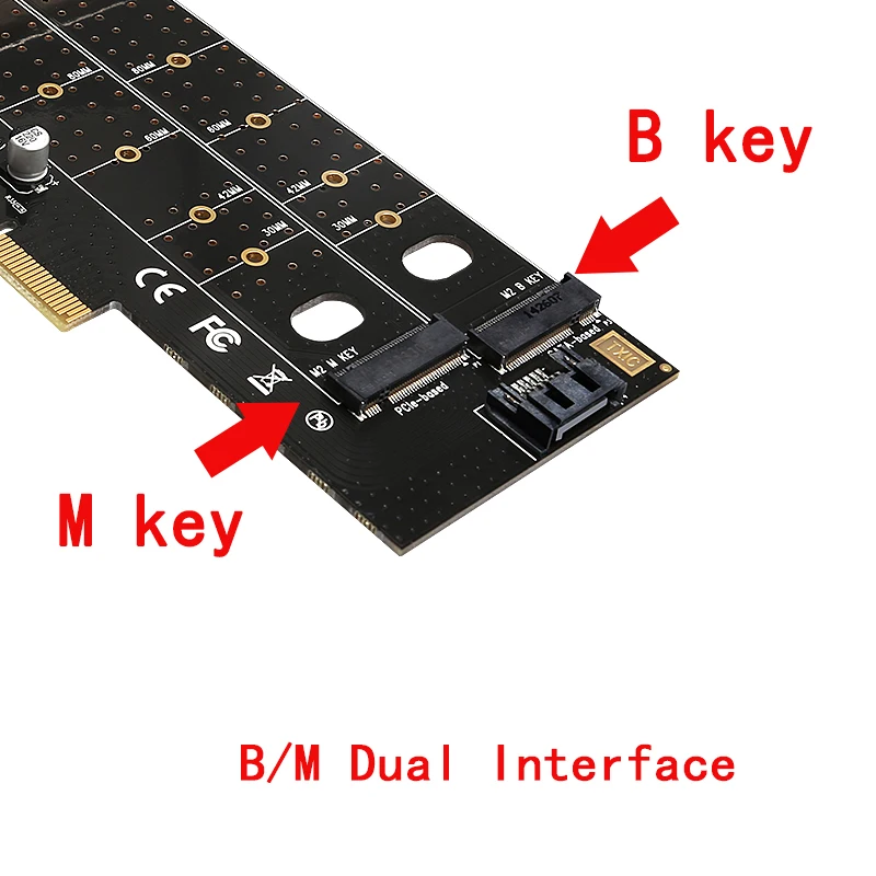Переходная карта PCIe на M.2 NVMe SSD NGFF 110 мм ключ M и B двойной интерфейс с SATA портом